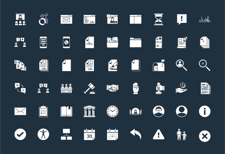 a visual guide of Judicial Council icons available for dark backgrounds